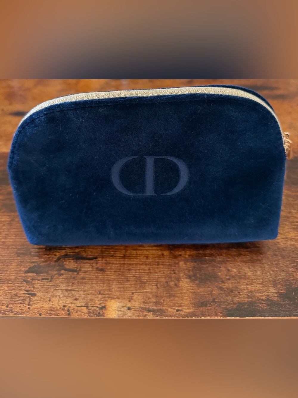 Christian Dior Beauty CD Logo Navy Blue Velvet Cosmetic Zip Bag Pouch